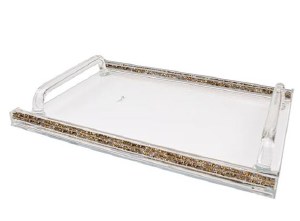 Crystal Tray Clear Handles Accented with Gold and Silver Gemstones in Stems Border 16.5" x 11.75"