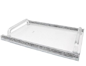 Crystal Tray Clear Handles Accented with Silver Gemstones in Stems Border 16.5" x 11.75"