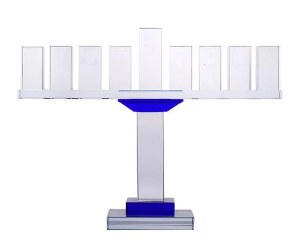 Glass Candle Menorah Symmetrical Design Blue Accent 9" H
