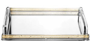 Crystal Mirror Tray Clear Handles Accented with Gold Netting in Stems Border 16.5" x 11.75"