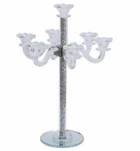 Crystal Candelabra 7 Branch Tall Design Silver Stones in Stems Round Base 20"