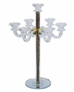 Crystal Candelabra 7 Branch Tall Design Silver and Gold Stones in Stems Round Base 20"
