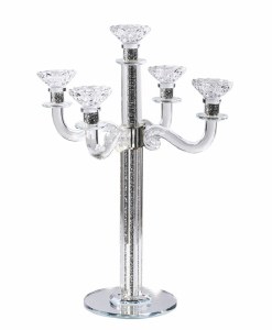 Crystal Candelabra 5 Branch Silver Stones in Stem Mirrored Base 18.9"