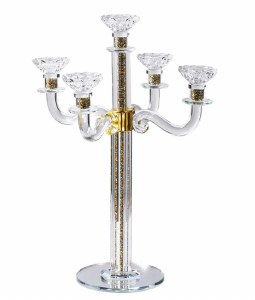 Crystal Candelabra 5 Branch Silver and Gold Stones in Stem Mirrored Base 18.9"