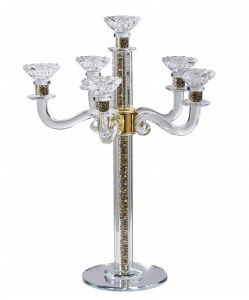 Crystal Candelabra 6 Branch Silver and Gold Stones in Stem Mirrored Base 18.9"
