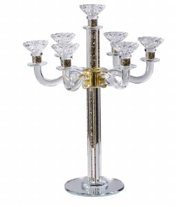 Crystal Candelabra 7 Branch Silver and Gold Stones in Stem Mirrored Base 18.9"