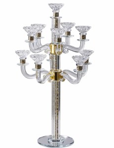 Crystal Candelabra 11 Branch Silver and Gold Stones in Stem Mirrored Base 22.8"