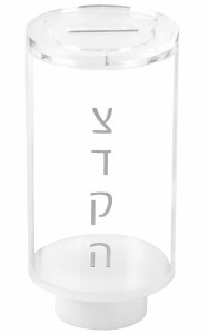 Lucite Tzedaka Charity Box Clear Cylinder Shape Silver