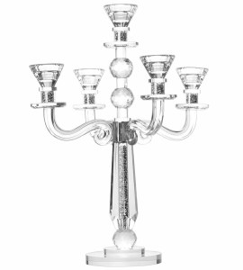 Crystal Candelabra 5 Branch Classic Style Designed with Silver Colored Crystals in Stem Accented with 3 Crystal Balls Round Base 17.5"