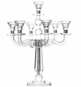 Crystal Candelabra 7 Branch Classic Style Designed with Silver Colored Crystals in Stem Accented with 3 Crystal Balls Round Base 17.5"