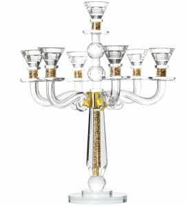 Crystal Candelabra 7 Branch Classic Style Designed with Gold Colored Crystals in Stem Accented with 3 Crystal Balls Round Base 17.5"