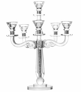 Crystal Candelabra 6 Branch Silver Stones in Stem 2 Tier Base 17.5"