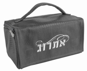 Faux Leather Esrog Box Holder White Hebrew Embroidery with Handle Gray