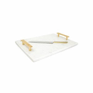 Marble Challah Board Gold Colored Beaded Handles with Matching Serrated Blade Knife 11" x 16"