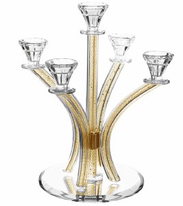 Crystal Candelabra 5 Branch Gold Net in Stems Design Round Base 13"