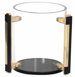 Lucite Round Wash Cup Gold and Black Accent Handles Black Base 5"