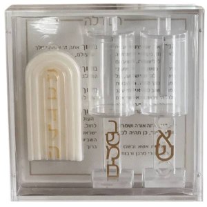Lucite Havdallah 4 Piece Set In Storage Box Hebrew Ashkenaz Gold Accent