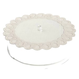 Lucite Round Matzah Box Linen Style Scalloped Edge Design White 13.8"