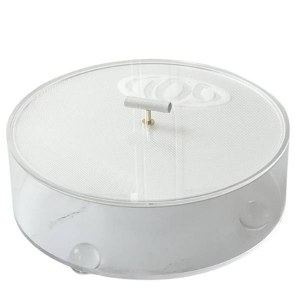 Lucite Round Matzah Box Corrugated Design with Leatherette Handle White 13.8"