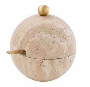 Travertine Round Honey Dish Gold Knob with Spoon Beige 3.5"