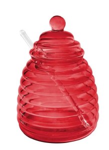 Glass Honey Dish Hive Design with Spoon Red