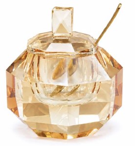 Glass Jewel Honey Dish Diamond Cut with Spoon Amber 4"
