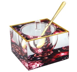 Lucite Square Honey Dish Velvet Orchard Design Gold Trim 3"