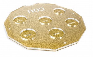 Hexagon Lucite Seder Plate Gold Kaarah 13.5"