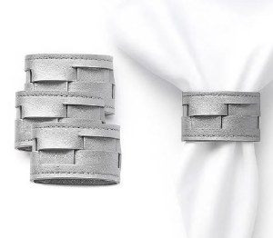 Faux Leather Napkin Rings Woven Design Silver 4 Pack