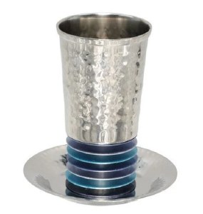 Yair Emanuel Anodized Aluminum Hammered Kiddush Cup with Saucer Stacked Rings Design Blue
