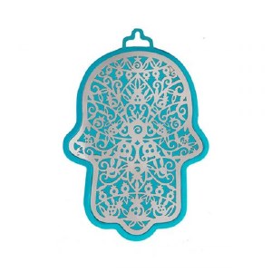 Yair Emanuel Metal Hamsa Wall Hanging Pomegranate Design Small Turquoise 3"