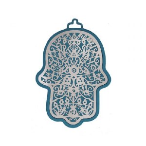 Yair Emanuel Metal Hamsa Wall Hanging Pomegranate Design Small Blue 3"