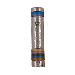 Yair Emanuel Mezuzah Case Anodized Metal Hammered Design Accented with Rings Multi Color 12cm