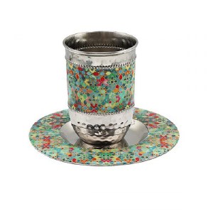 Yair Emanuel Stainless Steel Kiddush Cup and Matching Tray Hammered Style Middle Stripe Abstract Pattern Multicolor
