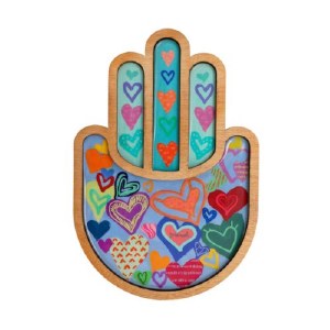 Yair Emanuel Wooden Hamsa Two Layers Hearts Design 9"