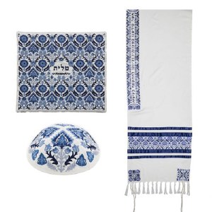 Yair Emanuel Full Embroidered 3 Piece Tallit Set Antique Design Blue