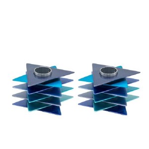 Yair Emanuel Metal Candlesticks 2 Piece Set Magen David Design Blue 3" x 2"