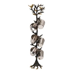 Yair Emanuel Liquor Set Metal Stand with 6 Cups Tree of Life Design 15.5"