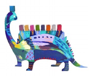 Yair Emanuel Metal Candle Menorah Hand Painted Laser Cut Design Dinosaur