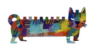 Yair Emanuel Metal Candle Menorah Painted Design Cat