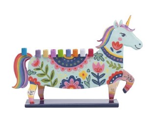Yair Emanuel Metal Candle Menorah Painted Design Unicorn