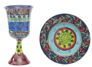 Yair Emanuel Metal Hand Painted Kiddush Cup on Stem and Plate Set Pomegranate Flower Design Multicolor