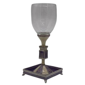 Crystal Kiddush Cup on Stem Temple Design and Matching Saucer Purple 7"