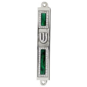 Pewter Emerald Green Mezuzah Case Jeweled Clear Crystal Design with Shin - 7 cm