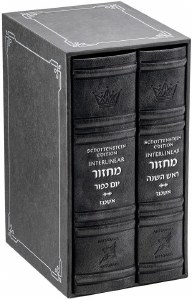 Artscroll Faux Leather Interlinear Machzorim Schottenstein Edition 2 Volume Slipcased Set Mid Size Hebrew English Gray Ashkenaz
