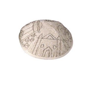 Yair Emanuel Hand Embroidered Kippah - Silver Jerusalem