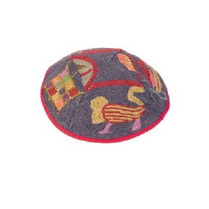 Yair Emanuel Hand Embroidered Kippah - Multicolor Lions