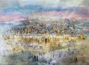 Lucite Colorful Cityscape Wall Hanging Glorious Jerusalem Art Print 32" x 23"