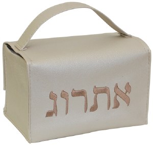 Esrog Box Holder Vinyl with Handle Tan with Brown Embroidery