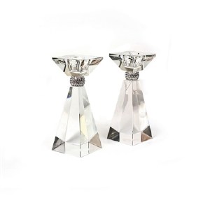 Crystal Candlesticks Square Base with Geometric Stem 6"